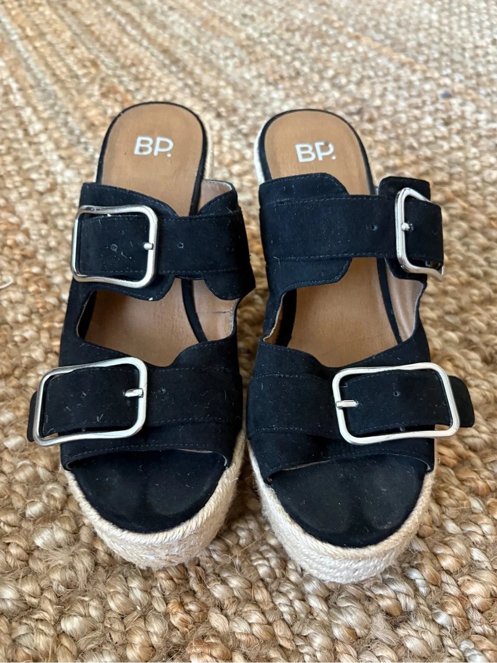 bp Black Suede Espadrille Wedge Mules with Buckles